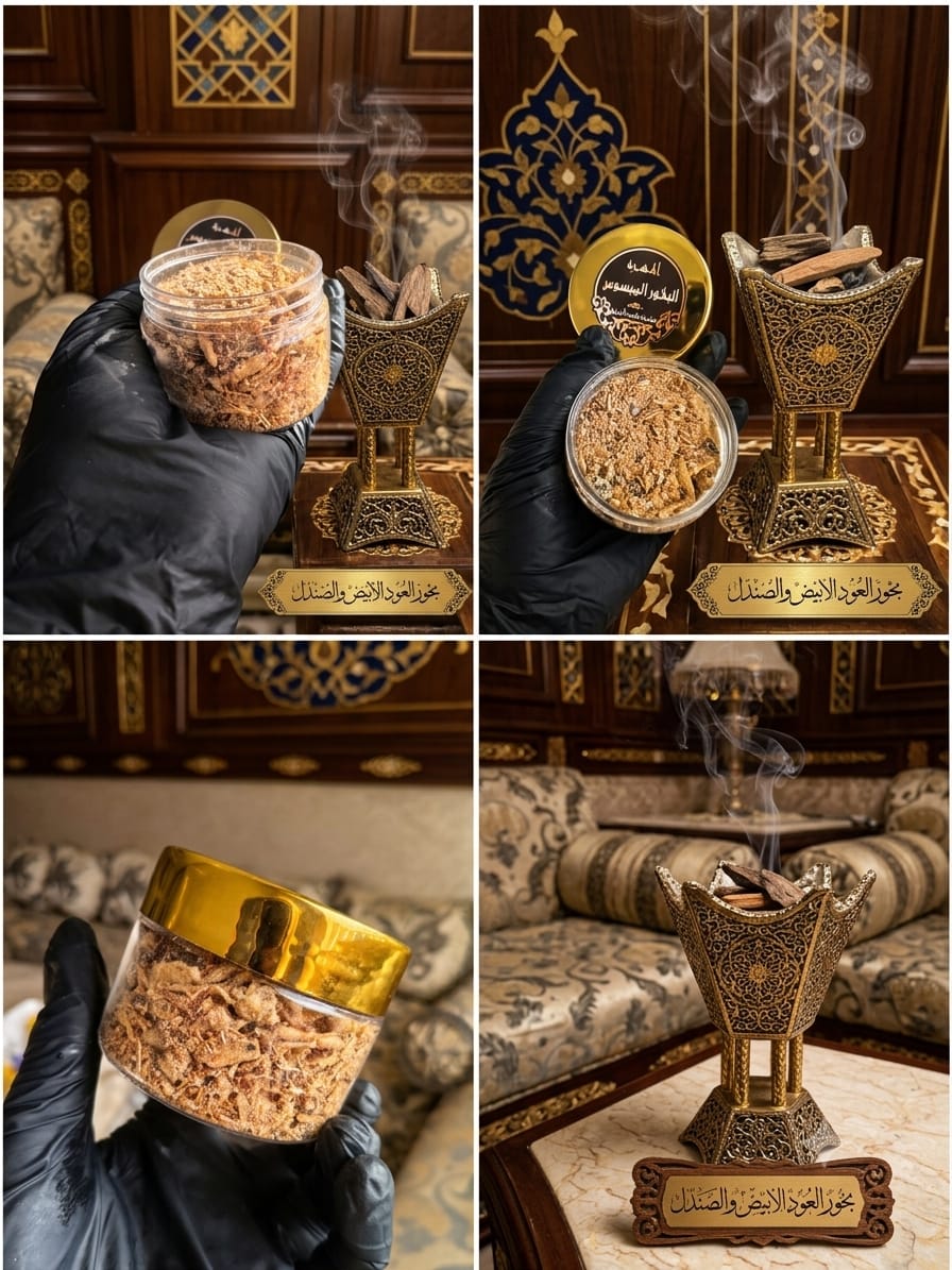 مبسوس الصندل والعود الابيض بخور وبنفس الوقت معطر يوضع مع الملابس لازالة الروائح